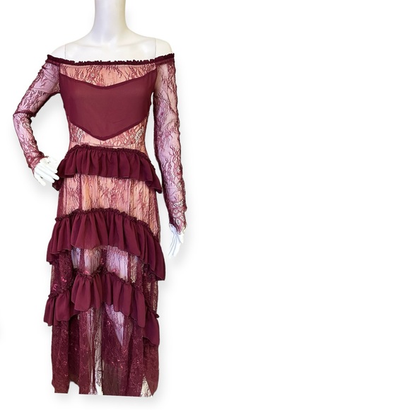 Vintage style Red Ruffles Mesh Patchwork Maxi Dress - Picture 3 of 8